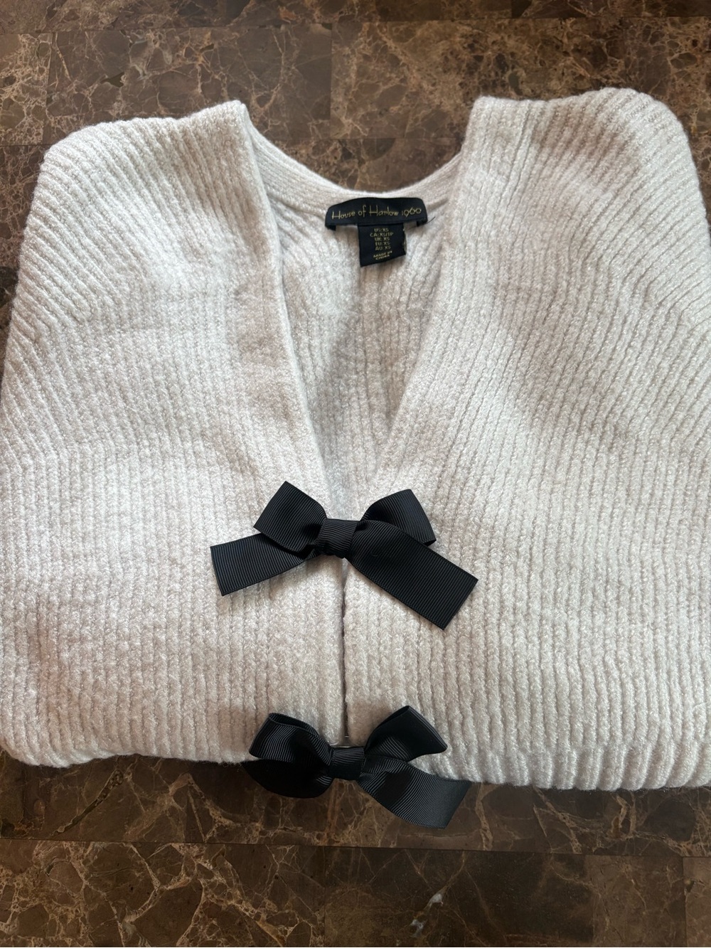 House of Harlow 1960 Cream Ribbed Cardigan with Black Ribbon Bows
